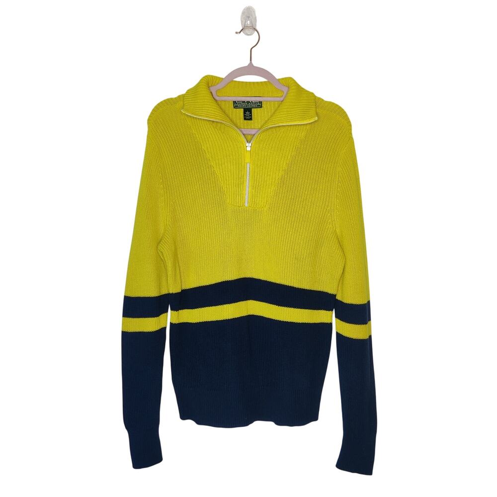 Vtg LRL Cotton Half Zip Pullover Preppy Golf Sweater Large Yellow Blue Stripe